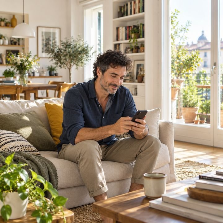 Uomo seduto sul divano di casa che cerca un aiuto dal telefono