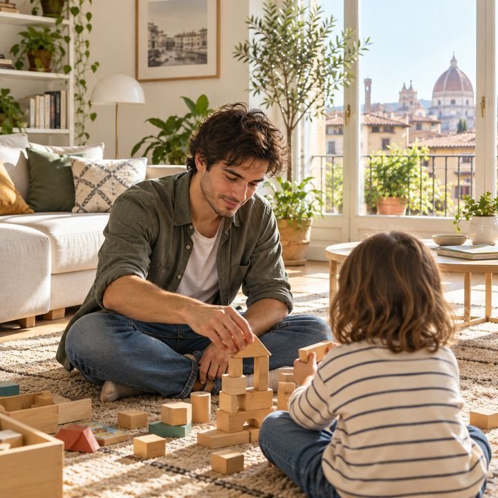 Ragazzo seduto sul tappeto di un soggiorno luminoso che costruisce una casetta con i cubi di legno insieme a un bambino ripreso di spalle