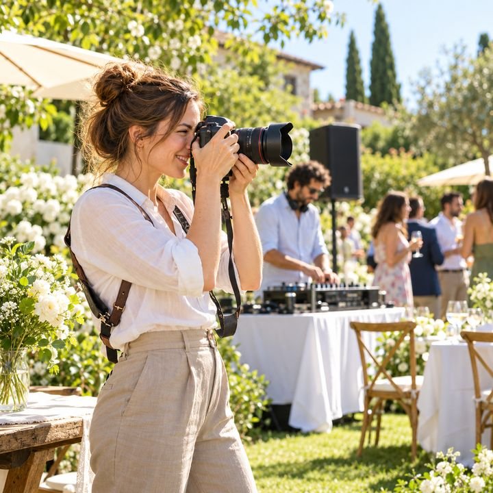 Fotografa con la reflex che scatta durante una festa in giardino di giorno, dietro di lei un ragazzo alla consolle e tavoli apparecchiati