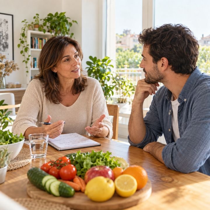 Donna che parla con un ragazzo seduti al tavolo di casa, davanti a loro un quaderno di appunti e un tagliere con verdura e frutta fresca