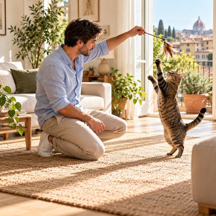 Pet sitter in un soggiorno luminoso gioca con un gatto tigrato usando una bacchetta con le piume