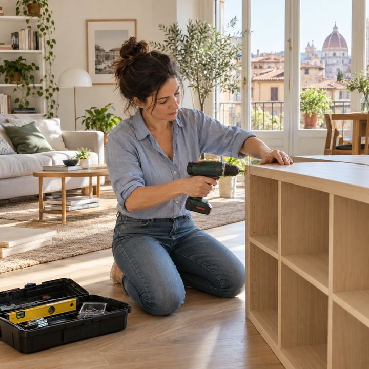 Donna inginocchiata sul pavimento di un salotto luminoso mentre monta una libreria in legno chiaro con un avvitatore, cassetta degli attrezzi aperta accanto