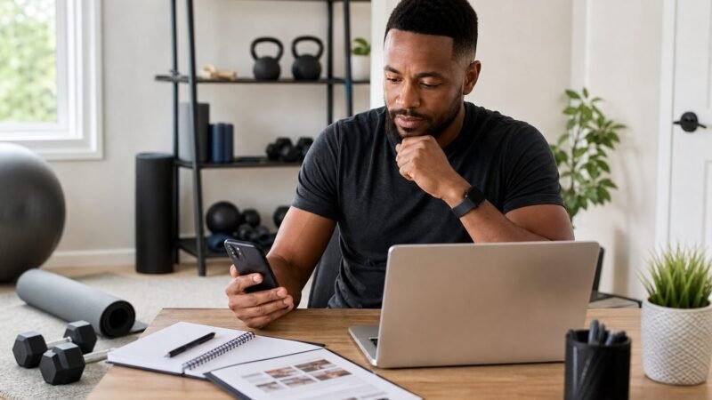 Personal trainer che prepara il profilo online per trovare nuovi clienti