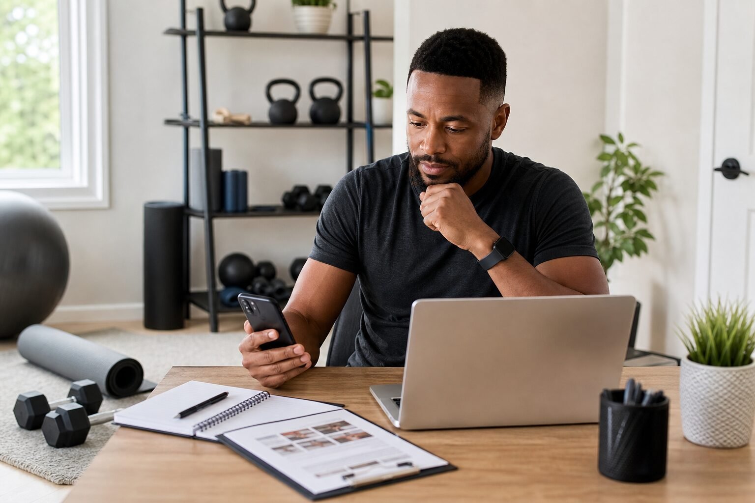 Personal trainer che prepara il profilo online per trovare nuovi clienti