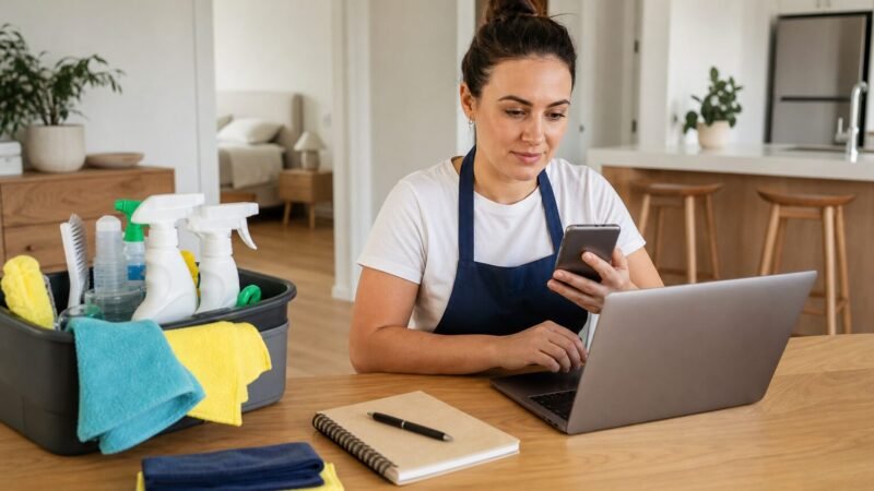 Professionista delle pulizie che prepara il profilo online per trovare clienti