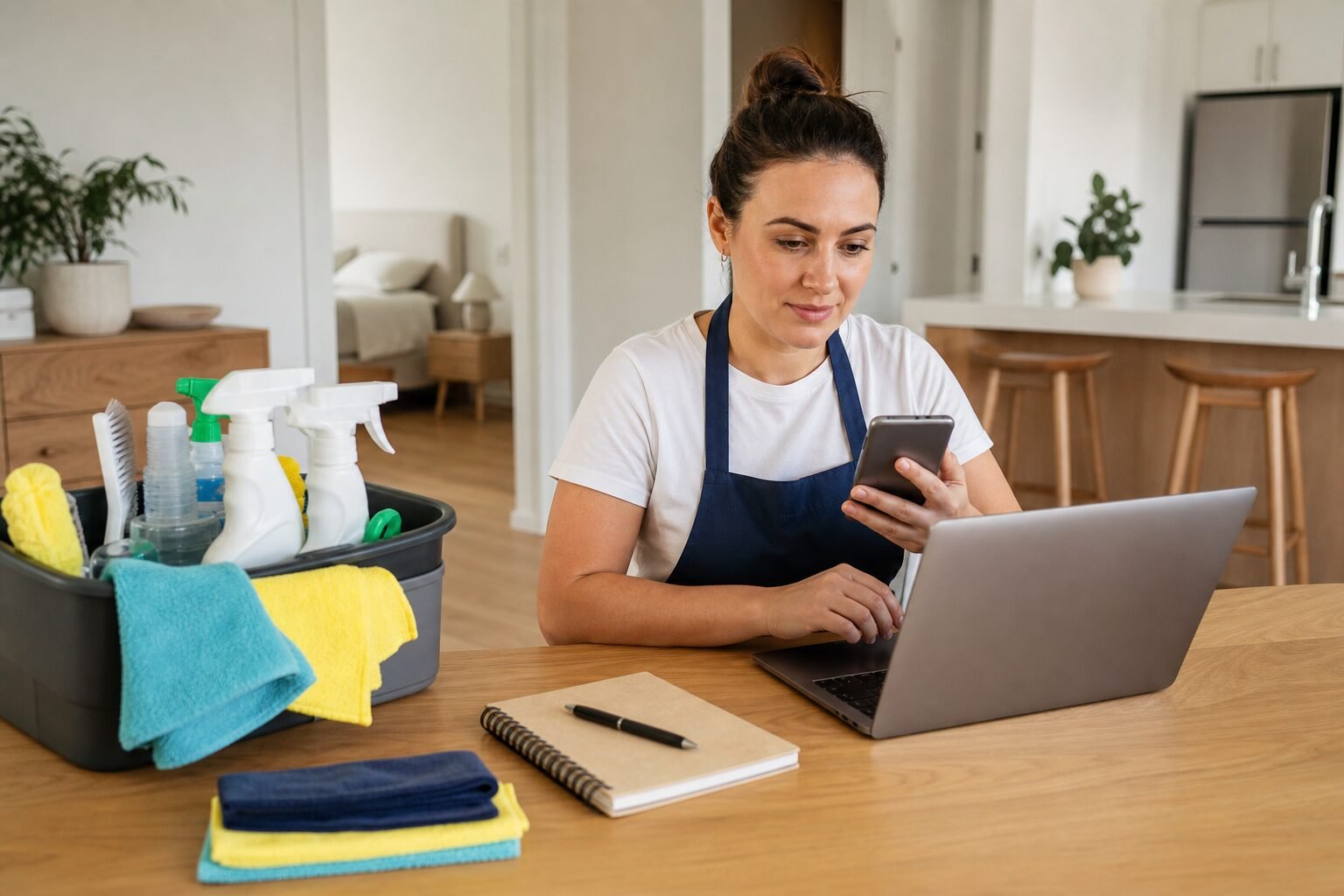 Professionista delle pulizie che prepara il profilo online per trovare clienti