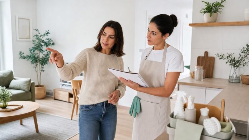 Persona che prepara una checklist prima di assumere un aiuto per le pulizie casa