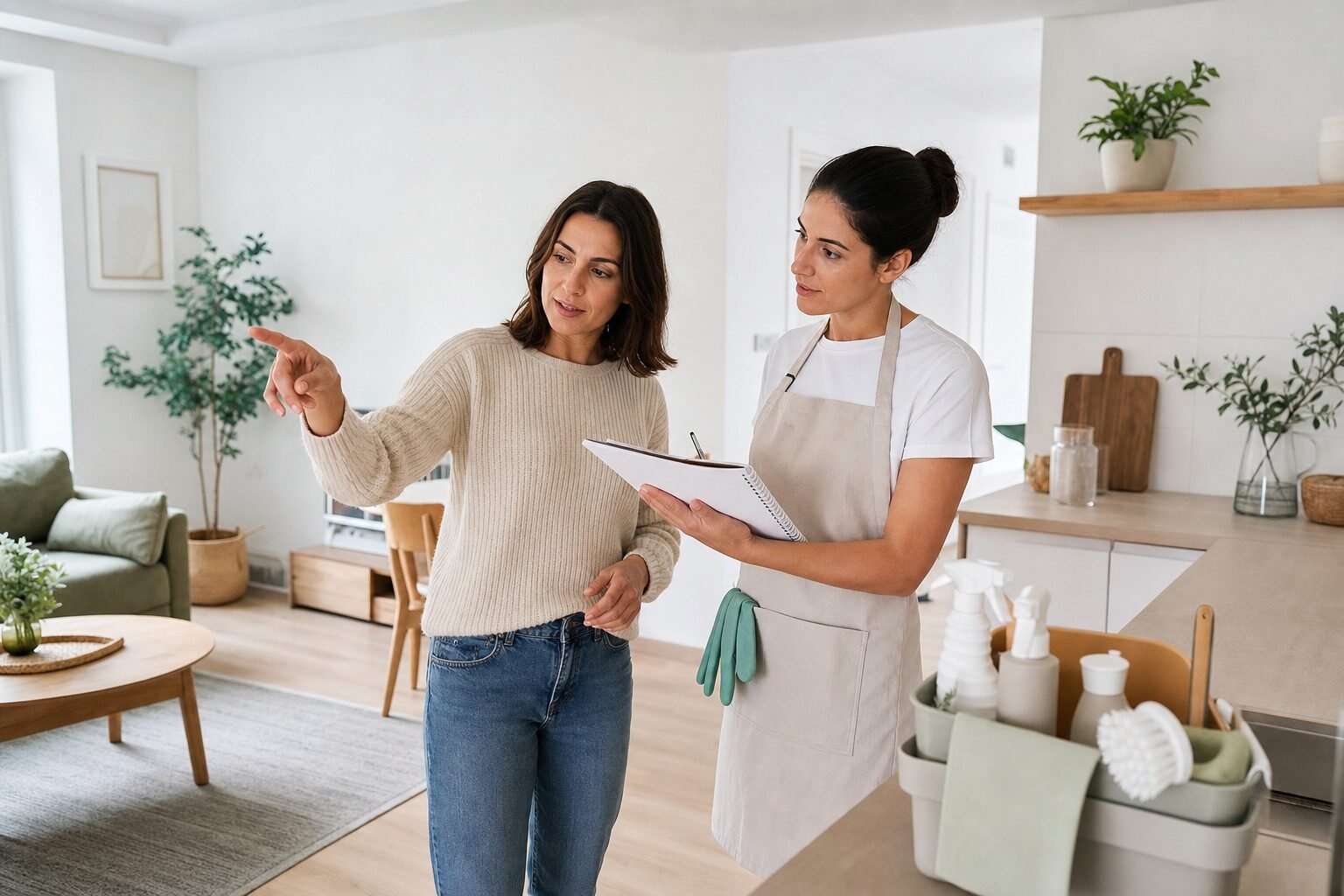 Persona che prepara una checklist prima di assumere un aiuto per le pulizie casa