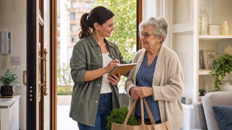 Persona di fiducia che accompagna un anziano per piccole commissioni quotidiane