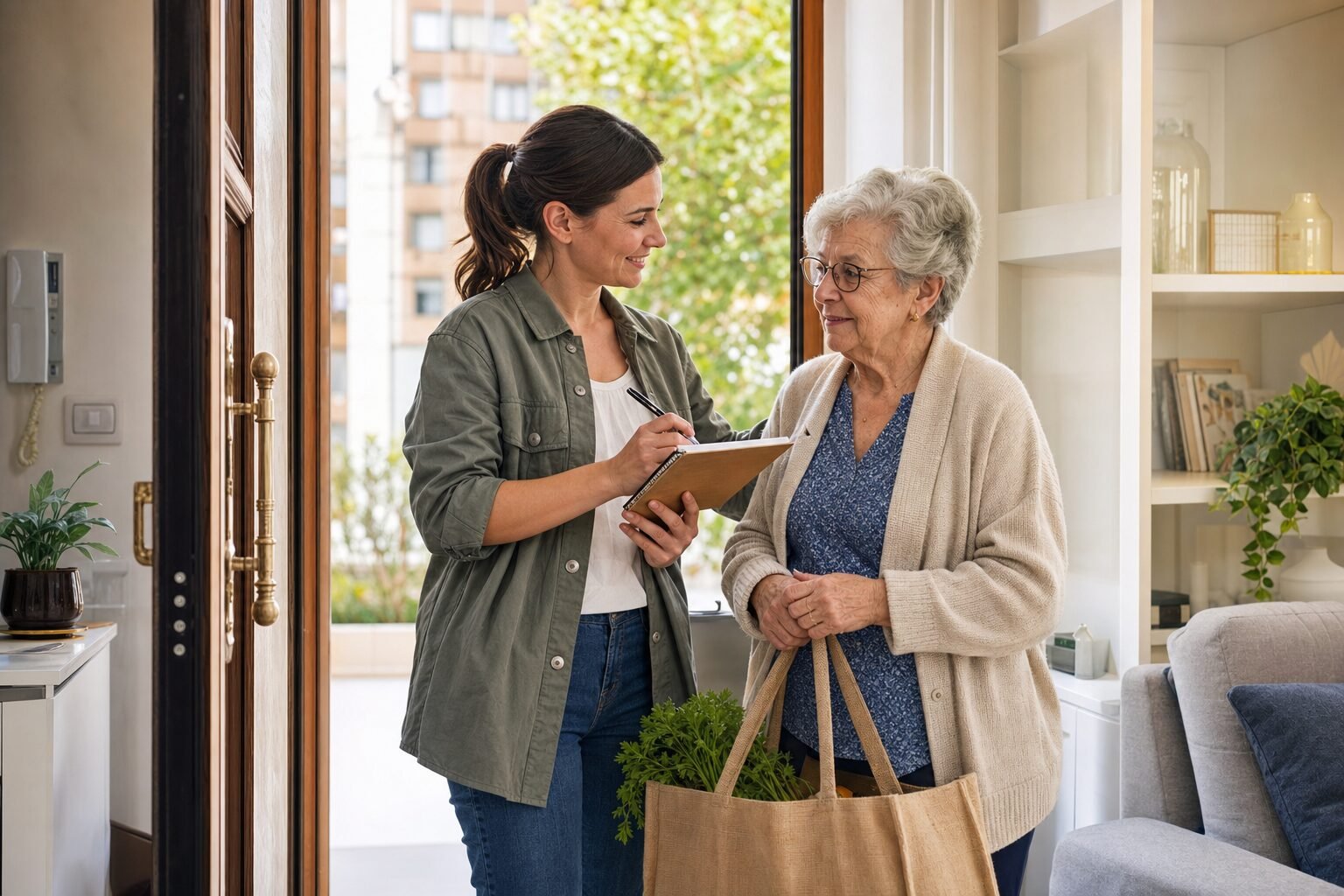 Persona di fiducia che accompagna un anziano per piccole commissioni quotidiane