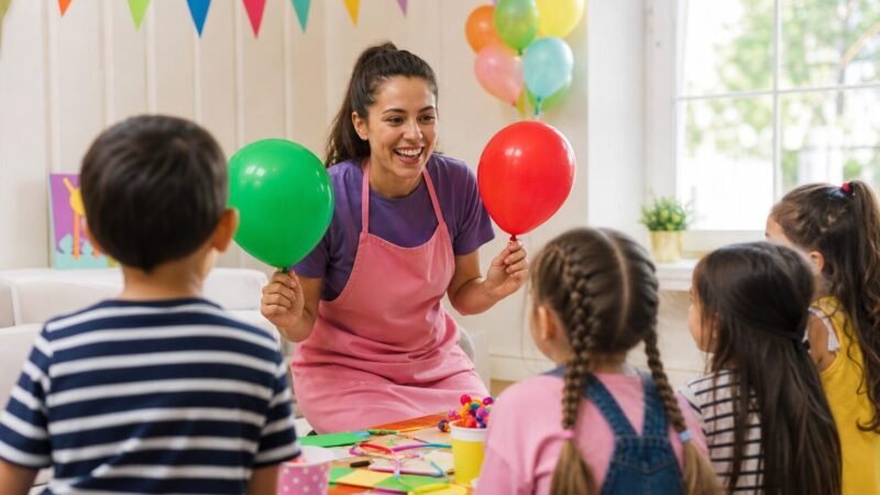 Animatrice che organizza giochi per una festa di bambini in casa