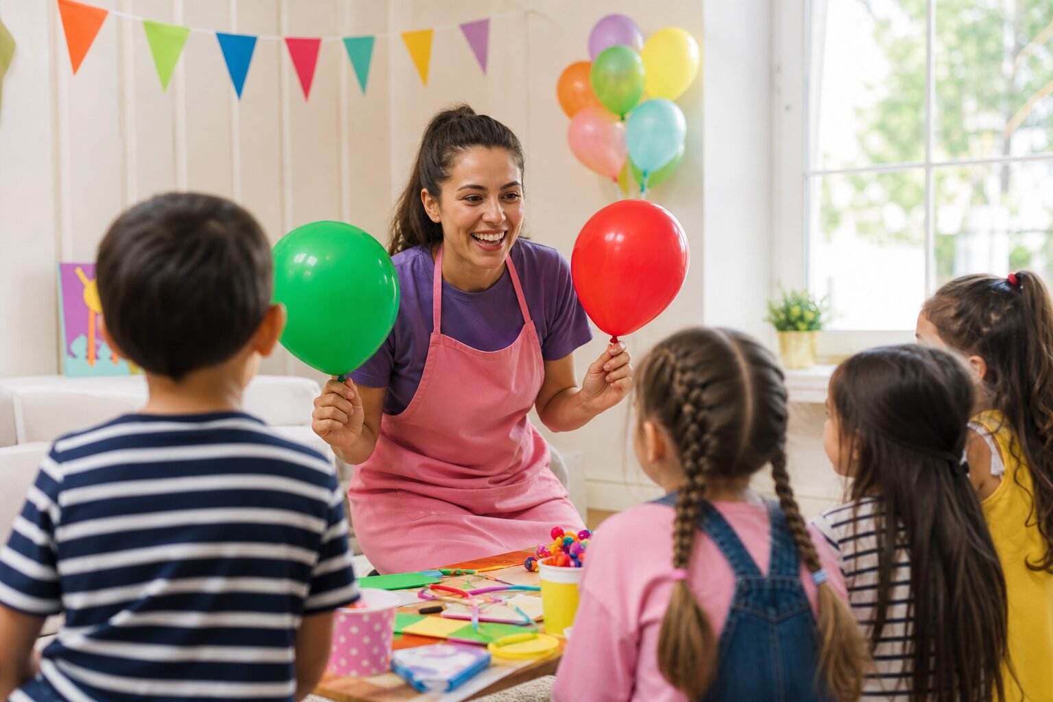 Animatrice che organizza giochi per una festa di bambini in casa
