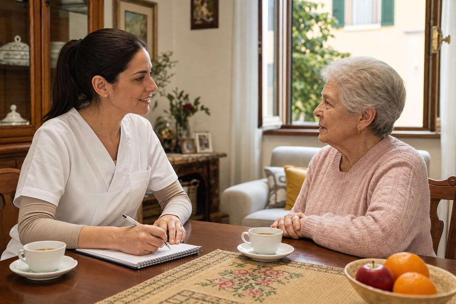 Badante che parla con una persona anziana in casa con tono professionale e rassicurante