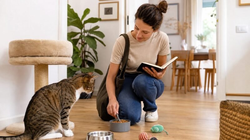 Cat sitter che prepara il cibo per un gatto durante una visita a domicilio