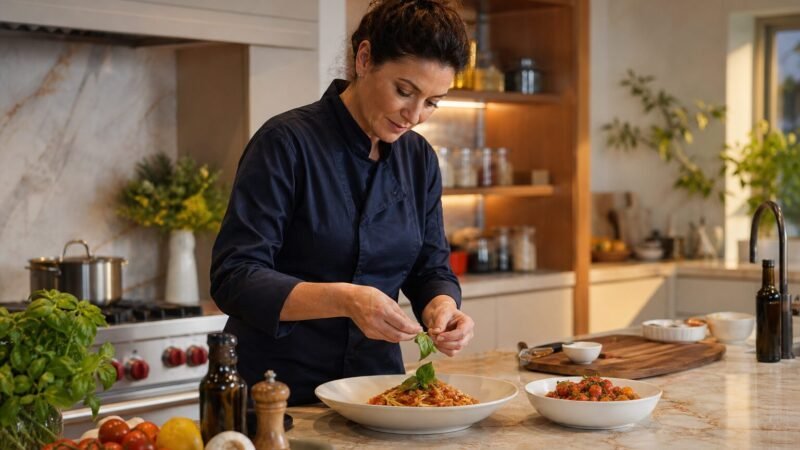 Cuoco a domicilio che prepara una cena privata in una cucina di casa