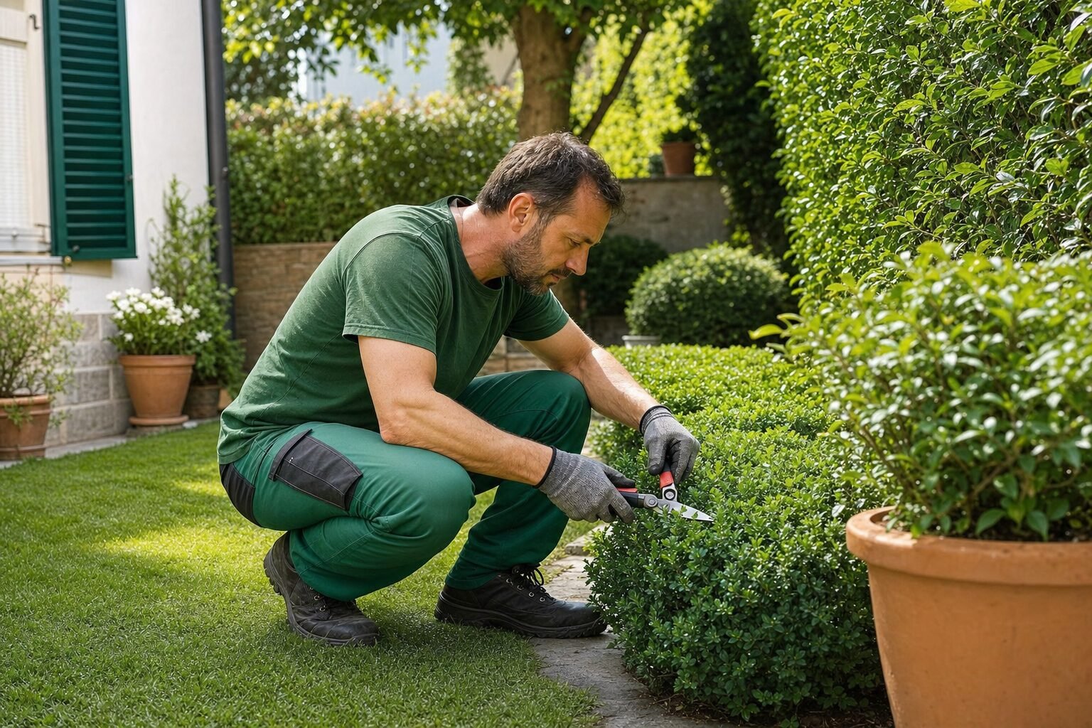 Giardiniere che cura siepi e piante in un giardino privato