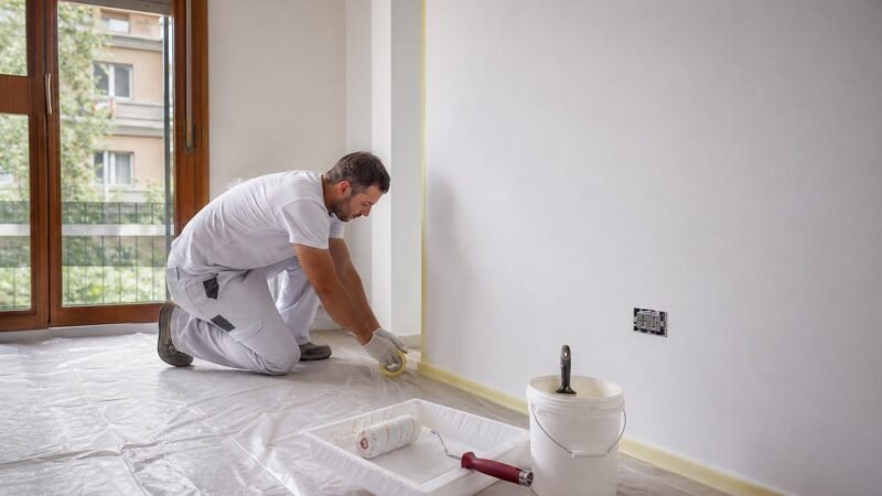 Imbianchino che prepara una stanza per tinteggiare casa in modo ordinato