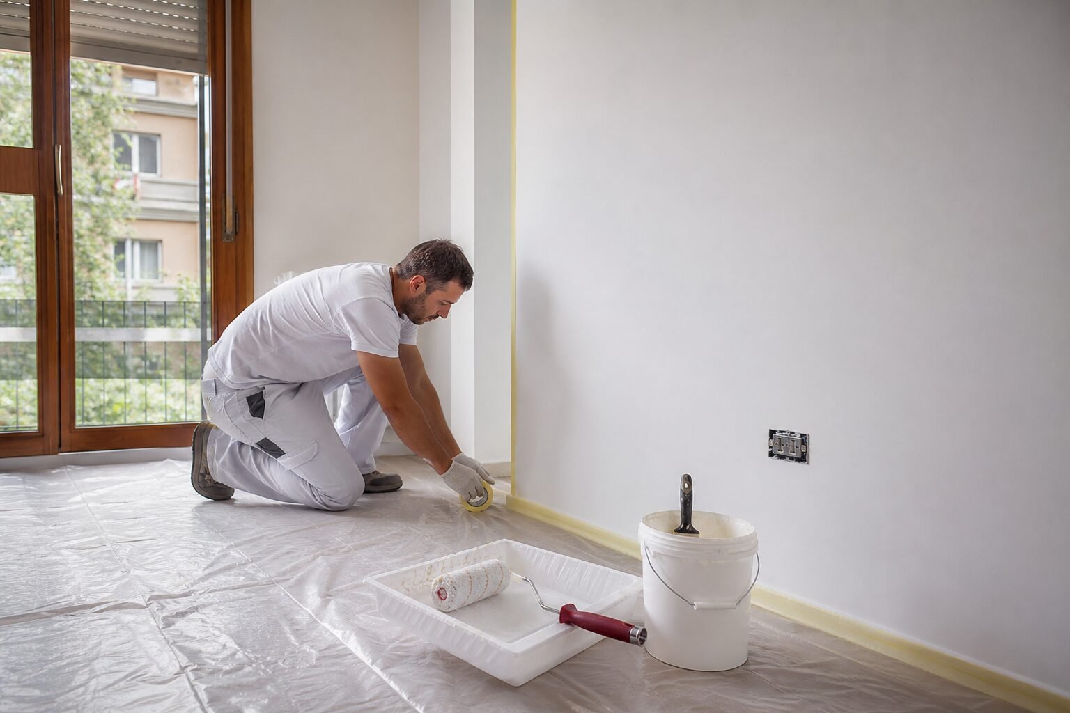 Imbianchino che prepara una stanza per tinteggiare casa in modo ordinato