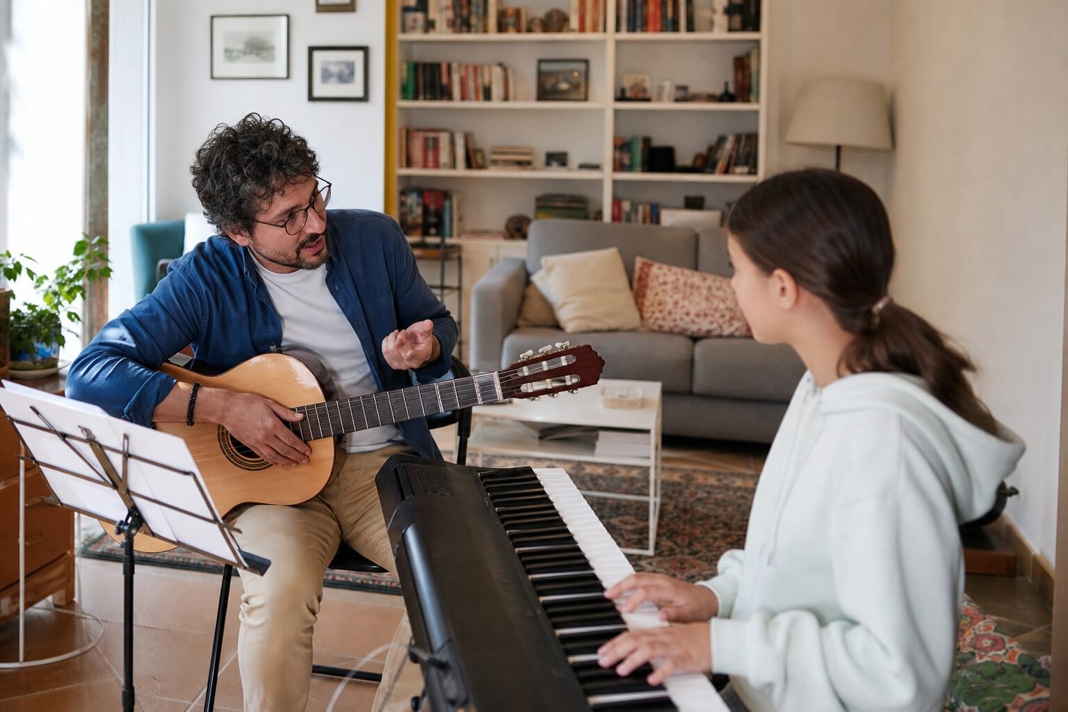 Insegnante di musica a domicilio durante una lezione privata