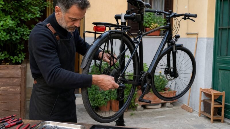 Meccanico bici a domicilio che ripara una bicicletta con strumenti professionali