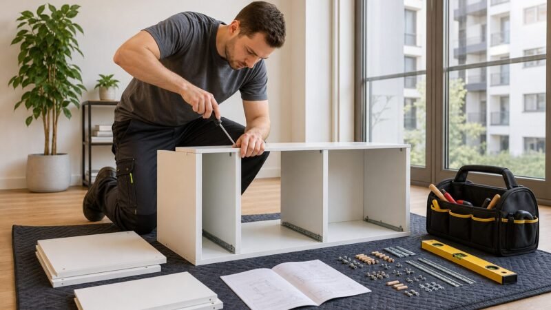 Montatore mobili a domicilio che assembla un mobile in modo ordinato