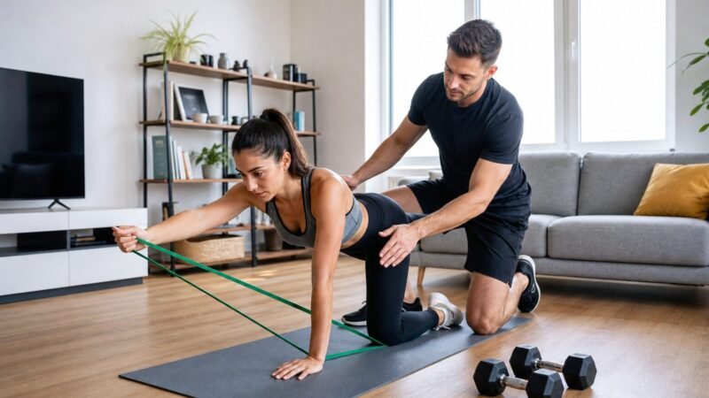 Personal trainer a domicilio che guida un allenamento in casa