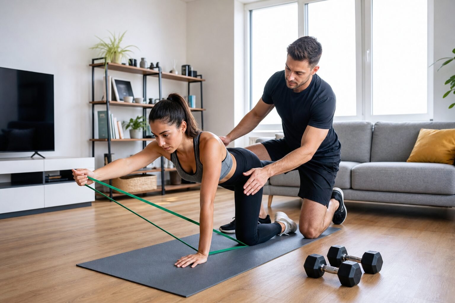 Personal trainer a domicilio che guida un allenamento in casa