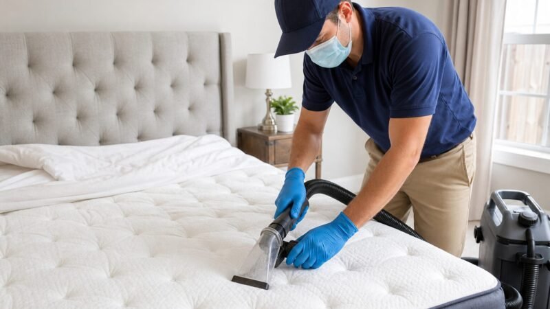 Professionista che pulisce un materasso a domicilio con attrezzatura specifica