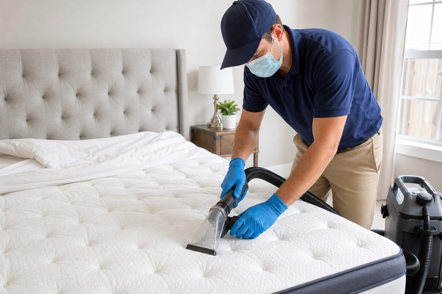 Professionista che pulisce un materasso a domicilio con attrezzatura specifica