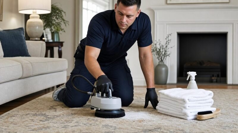 Professionista che pulisce un tappeto a domicilio con attrezzatura dedicata