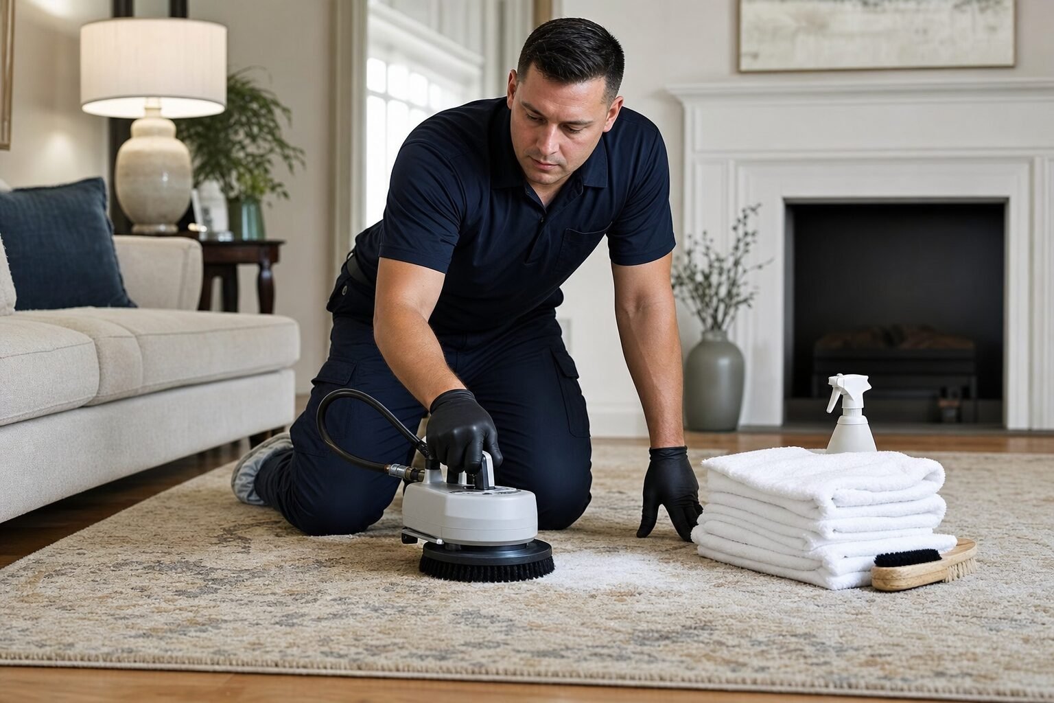 Professionista che pulisce un tappeto a domicilio con attrezzatura dedicata