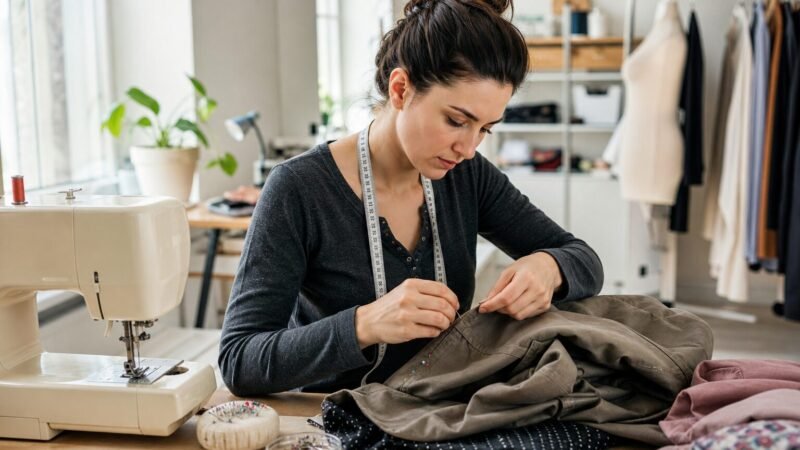 Sarta che ripara e sistema abiti in un laboratorio domestico ordinato