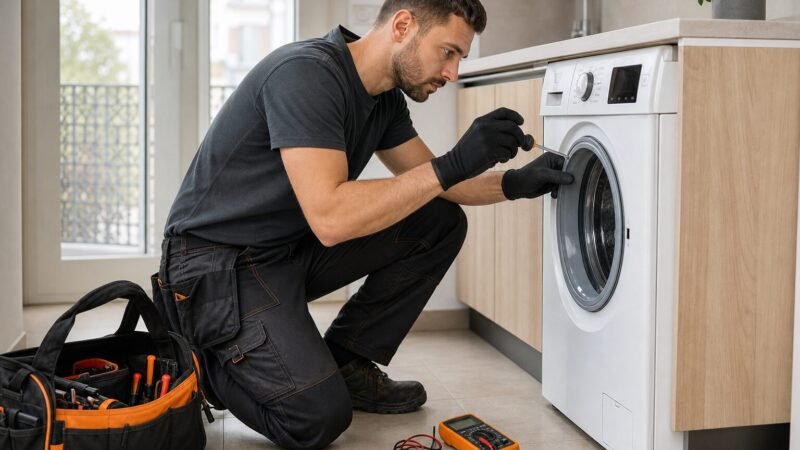 Tecnico elettrodomestici a domicilio che controlla una lavatrice