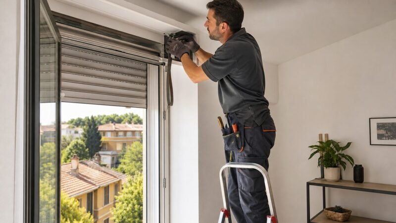 Tecnico che ripara una tapparella in casa con attrezzi professionali