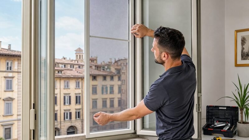 Tecnico che installa una zanzariera su una finestra di casa