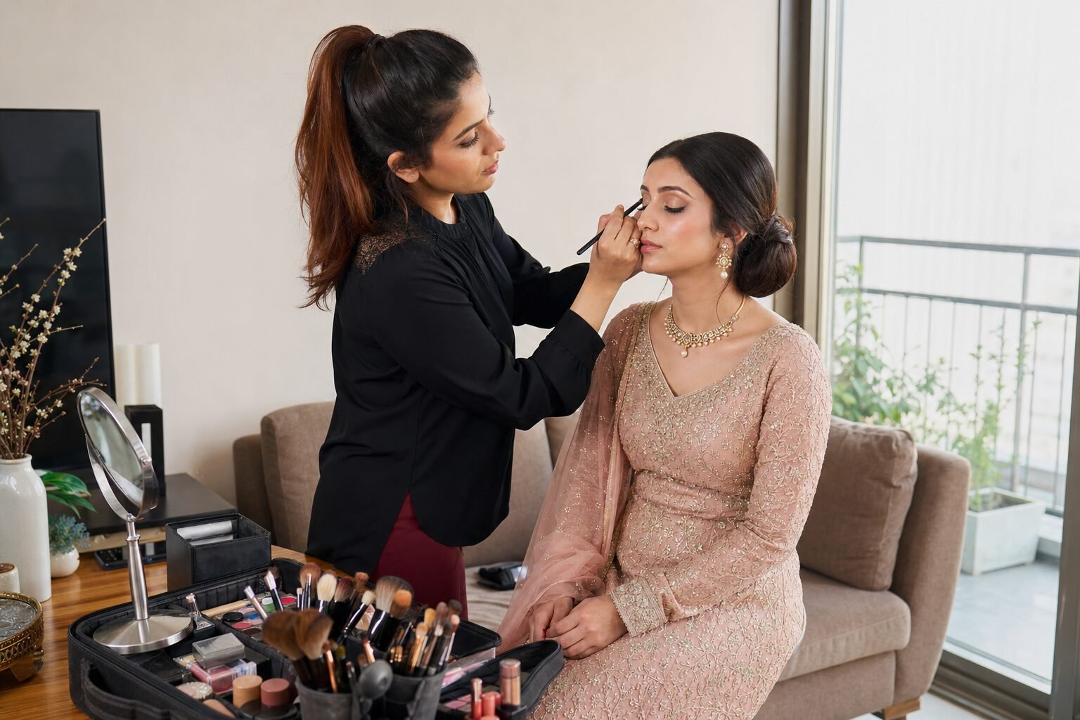 Truccatrice a domicilio che prepara un trucco elegante per cerimonia