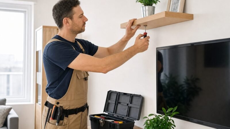 Tuttofare che monta una mensola durante piccoli lavori in casa