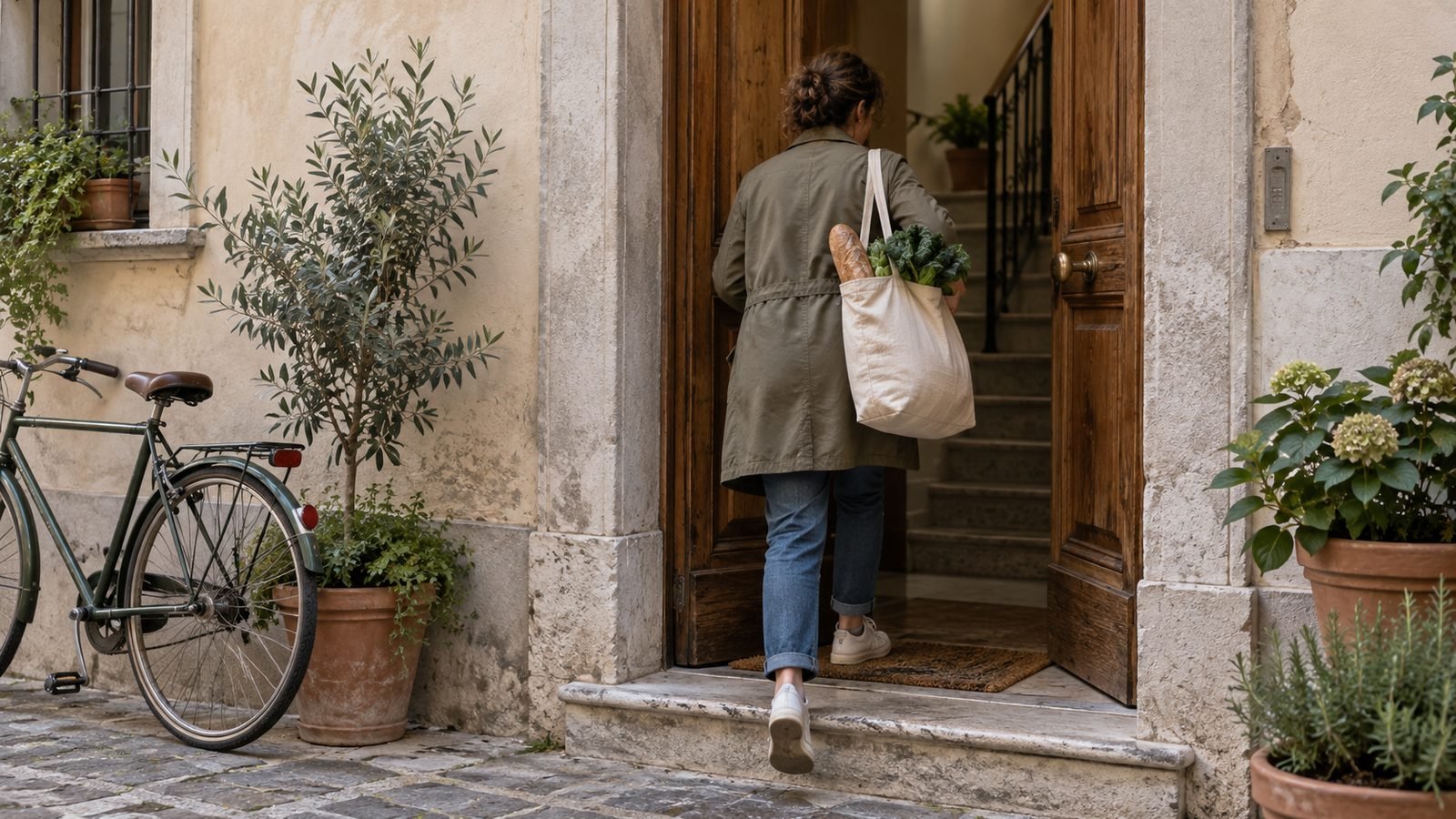 Una donna con una borsa della spesa entra nel portone di una palazzina italiana di mattina, vista di spalle, con una bicicletta e le piante accanto all'ingresso