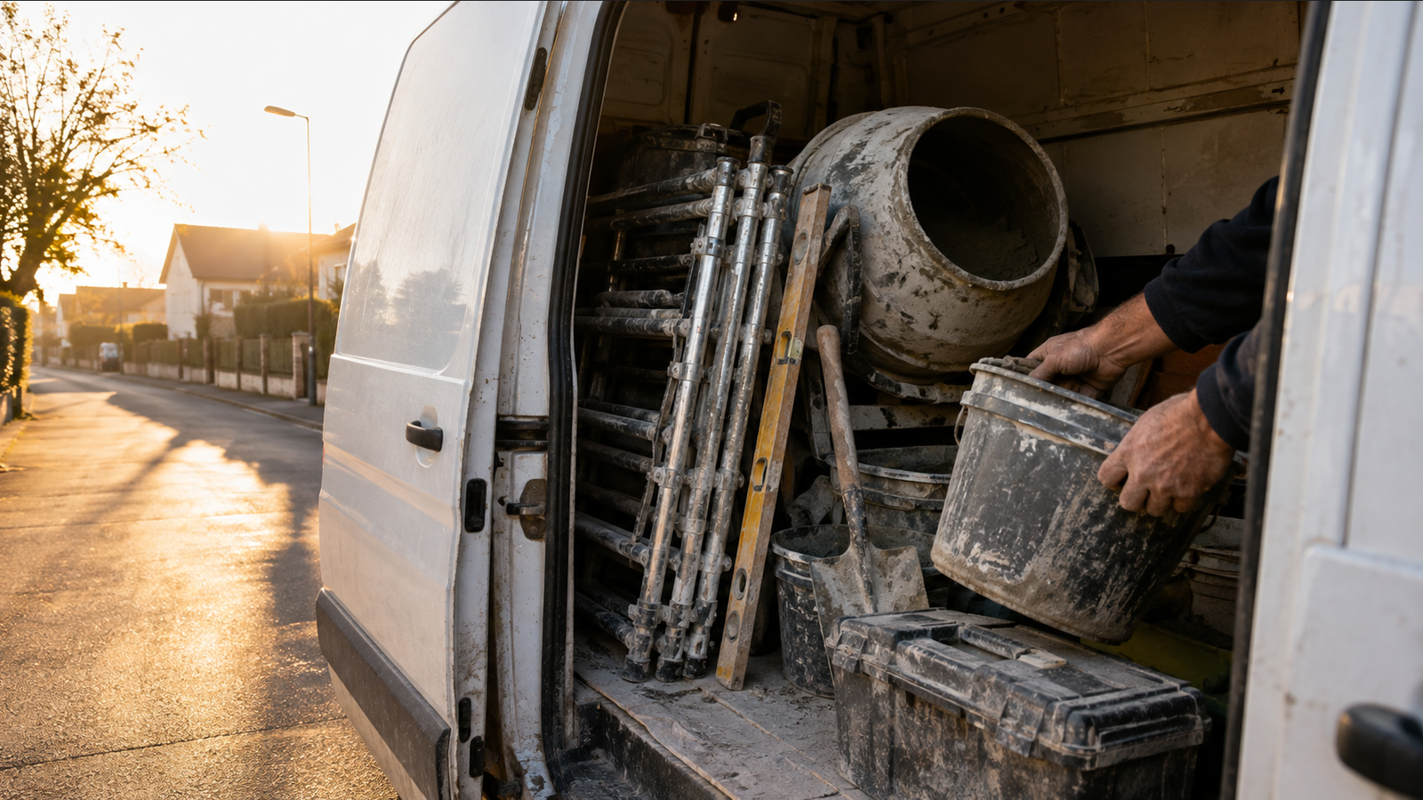 Attrezzatura da muratore caricata nel furgone all'inizio della giornata di lavoro