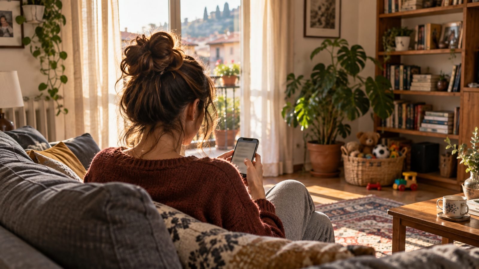 Ragazza seduta di spalle su un divano grigio guarda lo smartphone in un soggiorno italiano luminoso, con una pianta, la libreria e un cesto di giocattoli sullo sfondo
