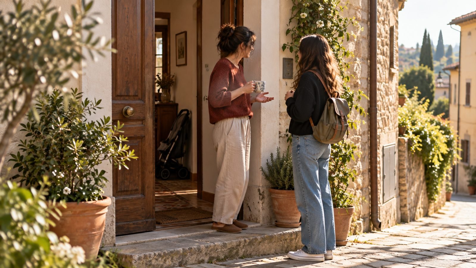 Due donne parlano sulla soglia di una casa italiana in pietra con la porta aperta, una di profilo e una di spalle con lo zaino, con un passeggino chiuso nell'ingresso e vasi di piante