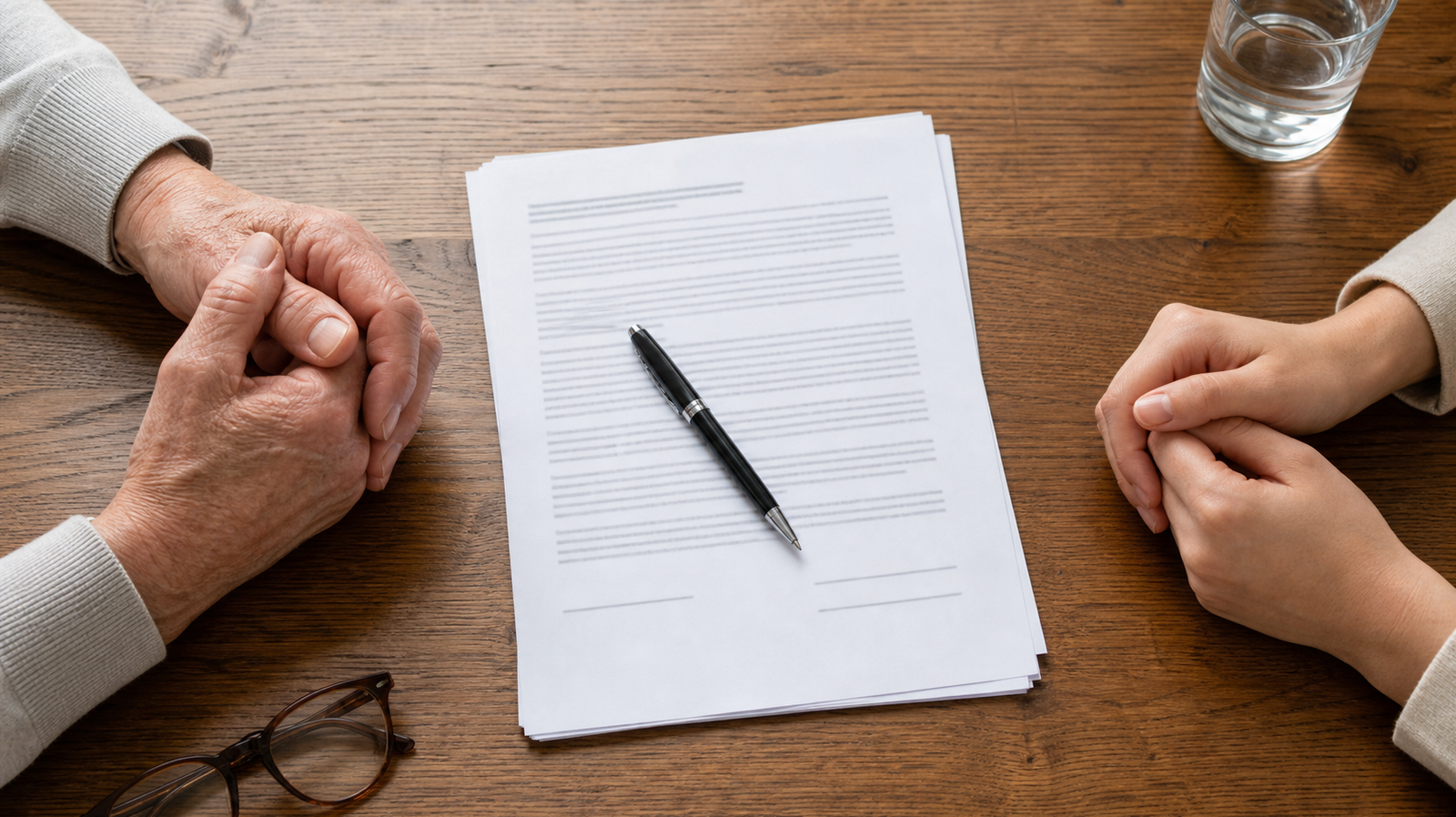 Documenti del contratto di lavoro domestico sul tavolo durante la firma con la badante