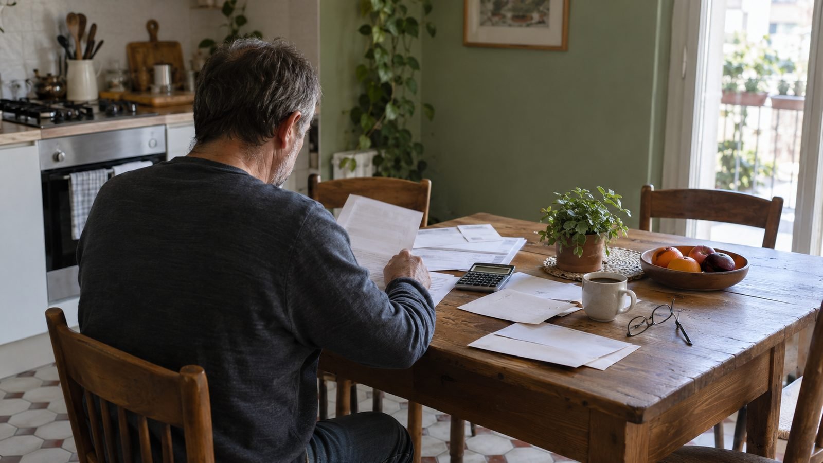 Bonus badante 2026: un figlio adulto di spalle al tavolo di cucina con fogli, calcolatrice e occhiali, in una casa italiana con la luce del mattino e la parete verde salvia
