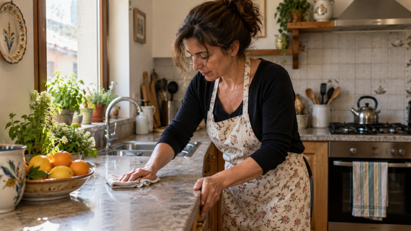 Collaboratrice domestica che pulisce la cucina di un'abitazione privata