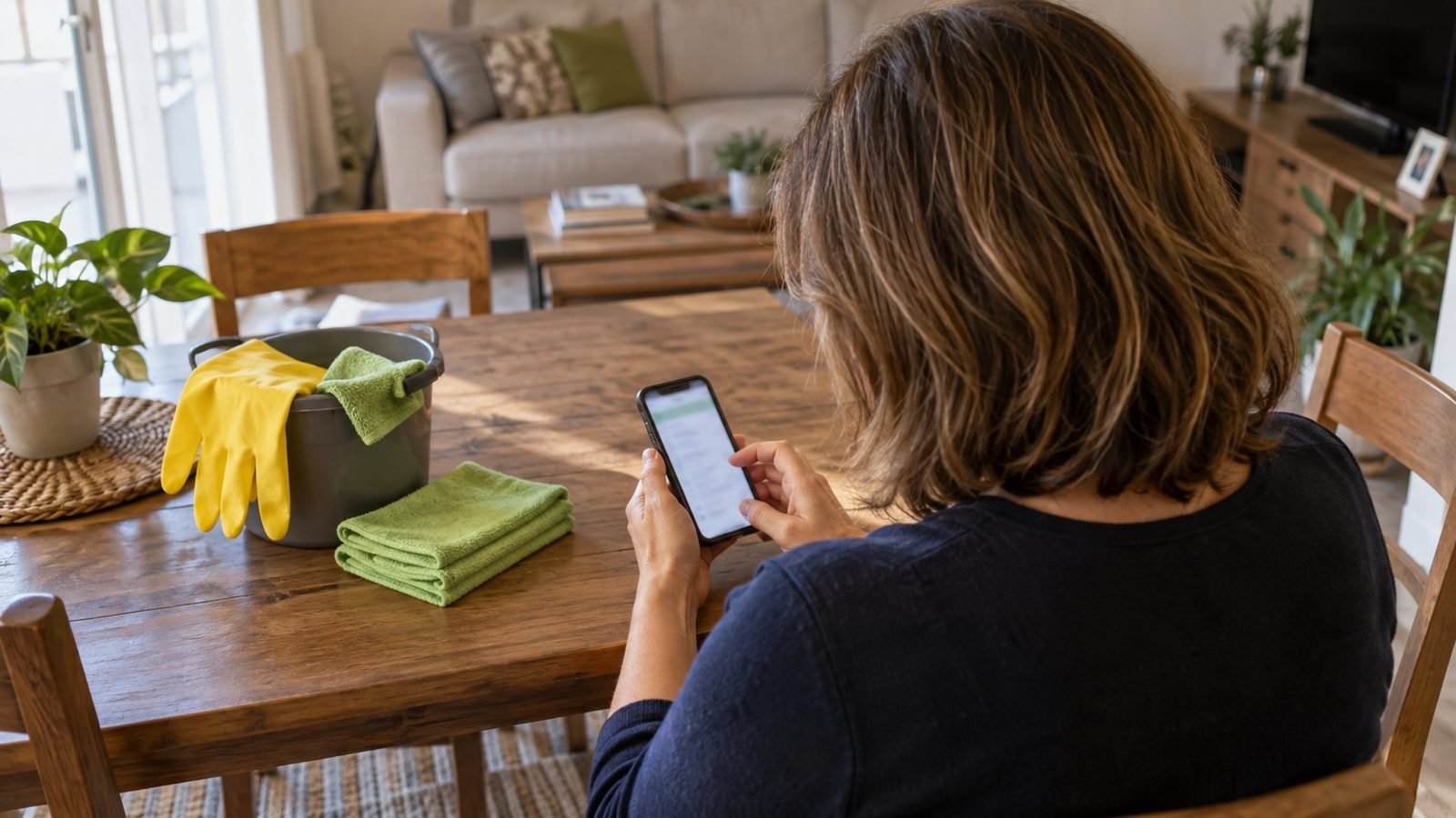 Donna vista da dietro, seduta al tavolo di legno del soggiorno, scrive un annuncio sullo smartphone; accanto un secchio con guanti gialli e panni in microfibra verdi