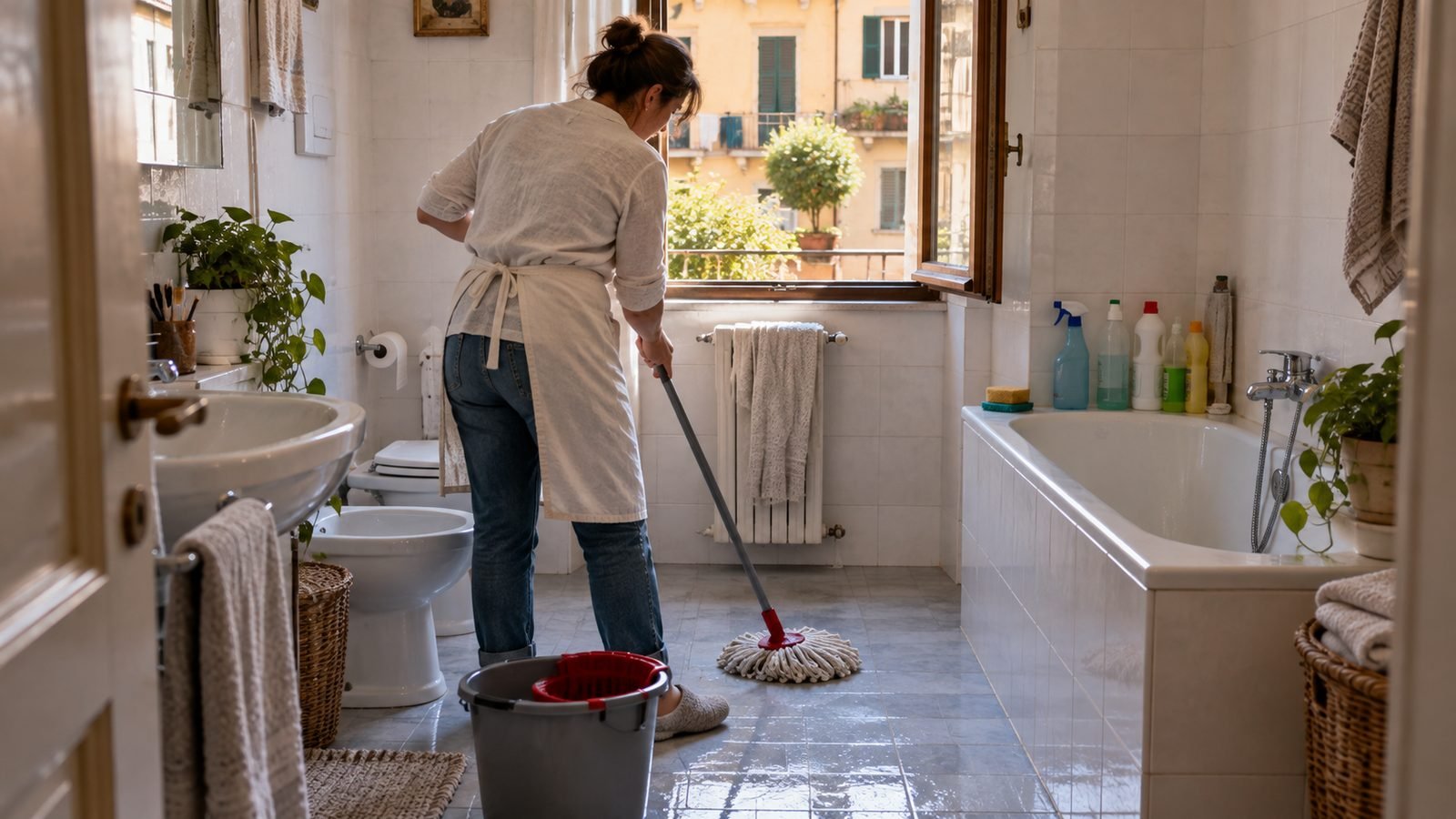 Collaboratrice domestica con grembiule chiaro, vista di spalle, lava il pavimento del bagno con mocio e secchio davanti alla finestra aperta sul cortile