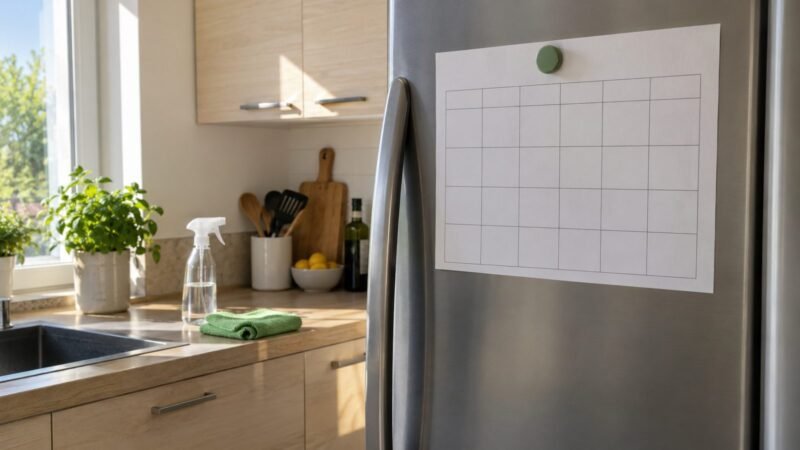 Come organizzare le pulizie di casa: un foglio a griglia fissato con una calamita verde sullo sportello del frigorifero, in una cucina chiara con panno in microfibra e spruzzino sul piano