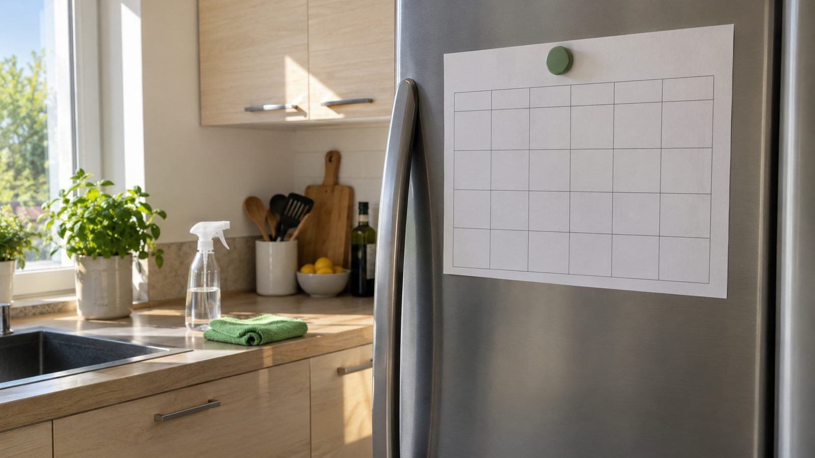 Come organizzare le pulizie di casa: un foglio a griglia fissato con una calamita verde sullo sportello del frigorifero, in una cucina chiara con panno in microfibra e spruzzino sul piano