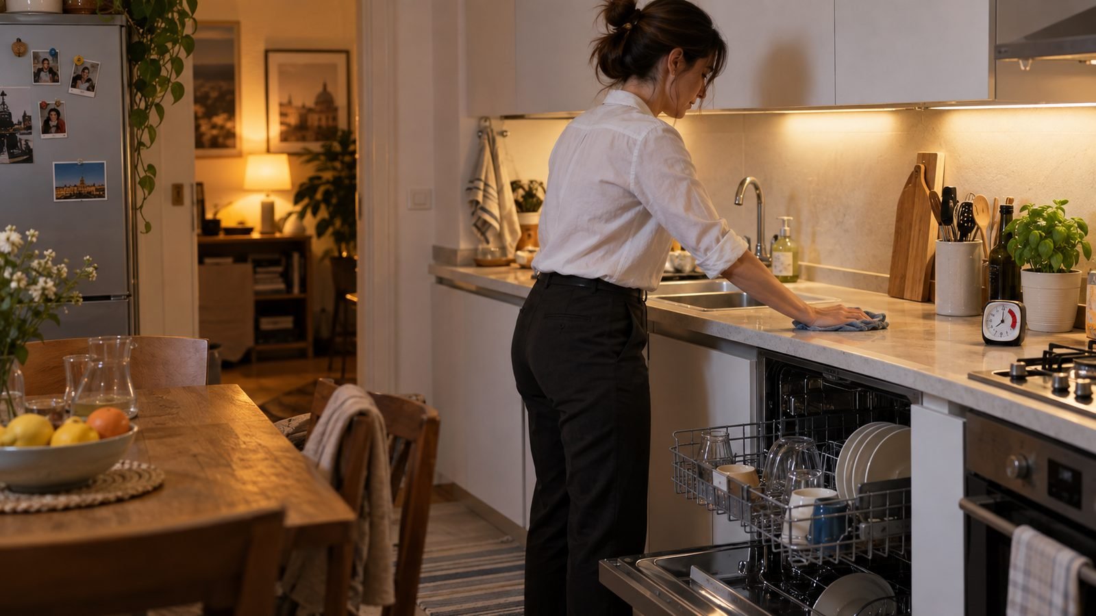 Donna in camicia bianca, vista di spalle, passa un panno sul piano della cucina la sera, con la lavastoviglie aperta accanto e un timer sul piano