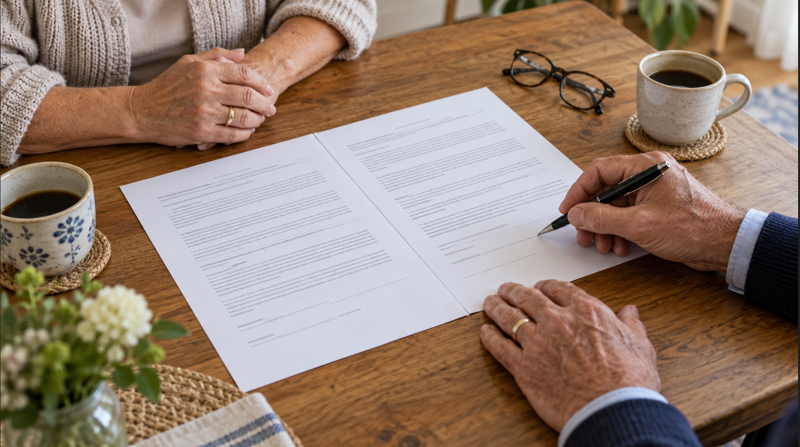 Contratto di lavoro domestico sul tavolo prima della firma tra famiglia e collaboratrice
